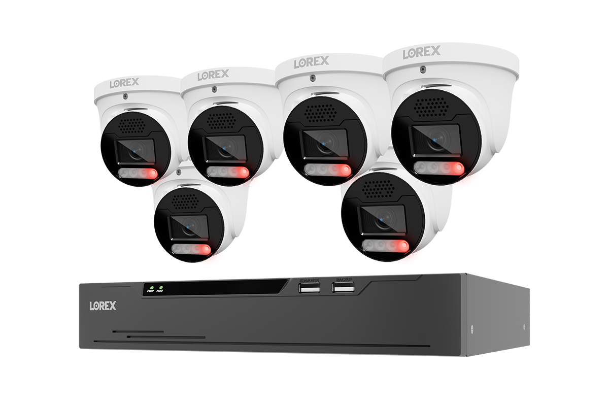 A Lorex 5-camera outdoor security camera kit with a black NVR receiver and five white turret cameras, shown against a solid white background.