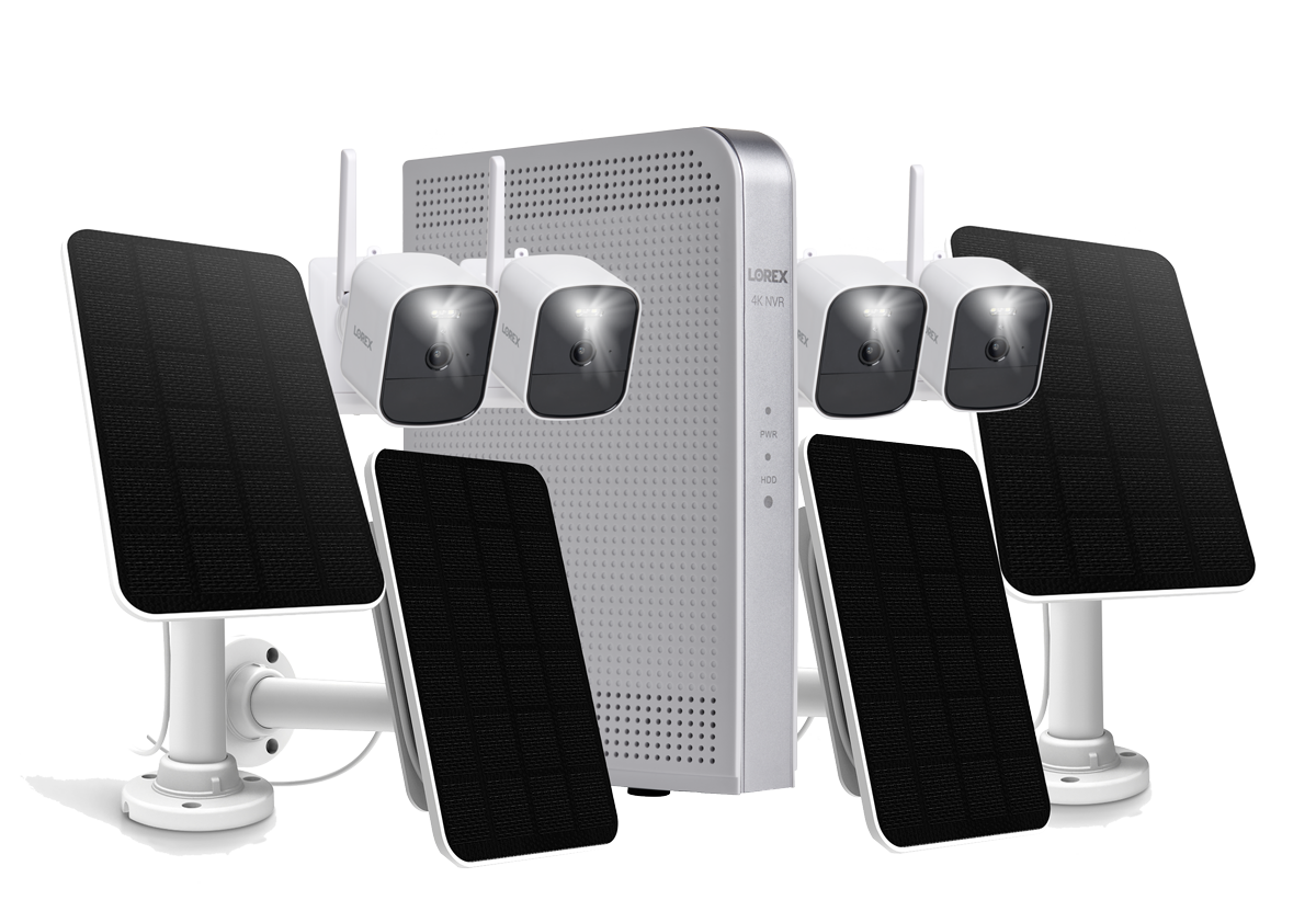 Lorex 4K NVR System with 4 White Battery-Operated Cameras with 4 Solar Panels