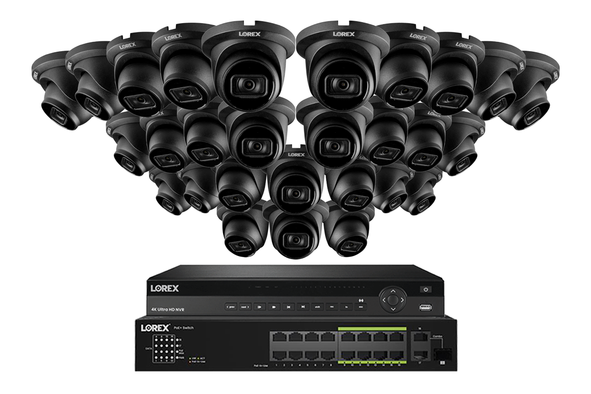 Lorex 4K (32 Camera Capable) 8TB Wired NVR System with Nocturnal 3 28 Black Smart IP Dome Cameras Featuring Listen-In Audio and 30FPS Recording
