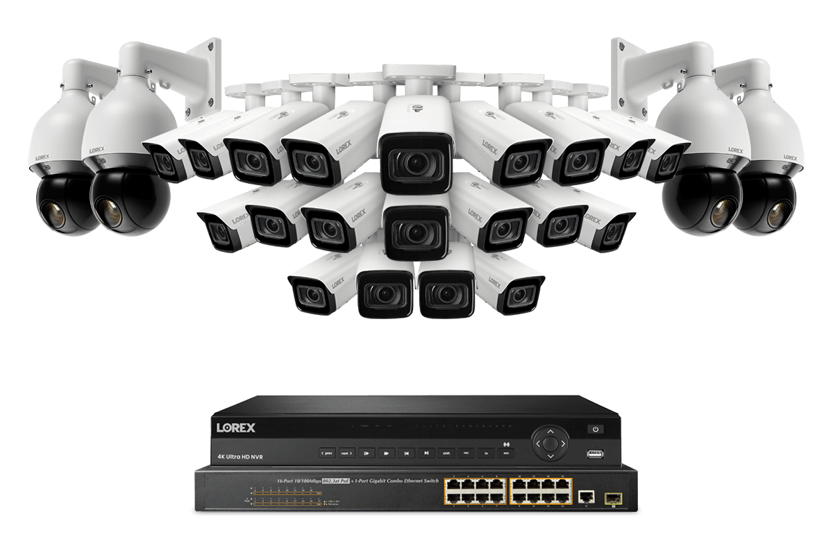 Lorex Nocturnal 4 4K (32 Camera Capable) 8TB NVR System with 20 Smart IP Bullet Cameras and 4 Pan Tilt Zoom IP Cameras - White