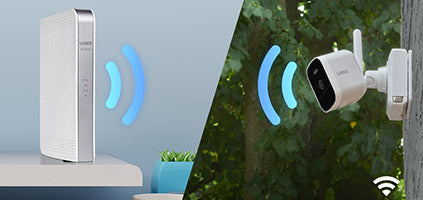 split image with NVR on left and battery-operated security camera on right