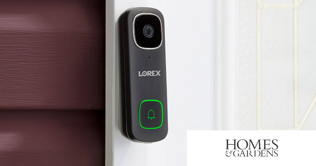 Lorex 2K Wi-Fi Video Doorbell mounted beside a front door, featured in Homes & Gardens’ review of top subscription-free smart home security devices.