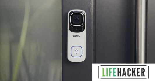 Close-up of the Lorex 4K Wired Video Doorbell mounted beside a modern front door, featured in Lifehacker’s “The Best Video Doorbells to Buy in 2025” as the Best Subscription-Free Video Doorbell.