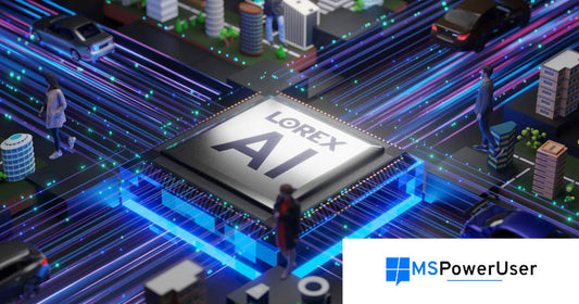 Lorex AI microchip illustration embedded in a smart city grid, symbolizing privacy-first AI security camera technology.