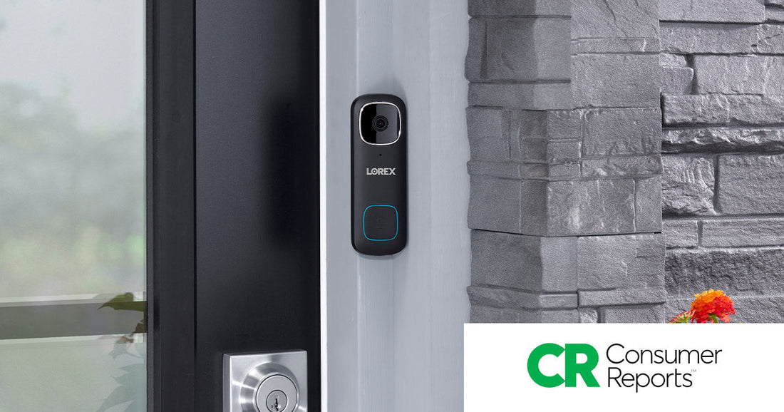 Lorex 2K Wi-Fi Video Doorbell mounted beside a front door, featured in Consumer Reports’ roundup of the best subscription-free video doorbells.
