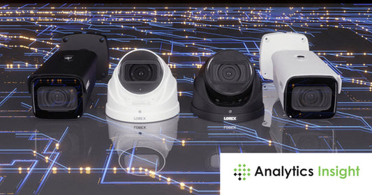 Lineup of Lorex Nocturnal 4 LITE 4K security cameras in black and white finishes displayed on a reflective surface with circuit-like graphics, representing wired surveillance reliability