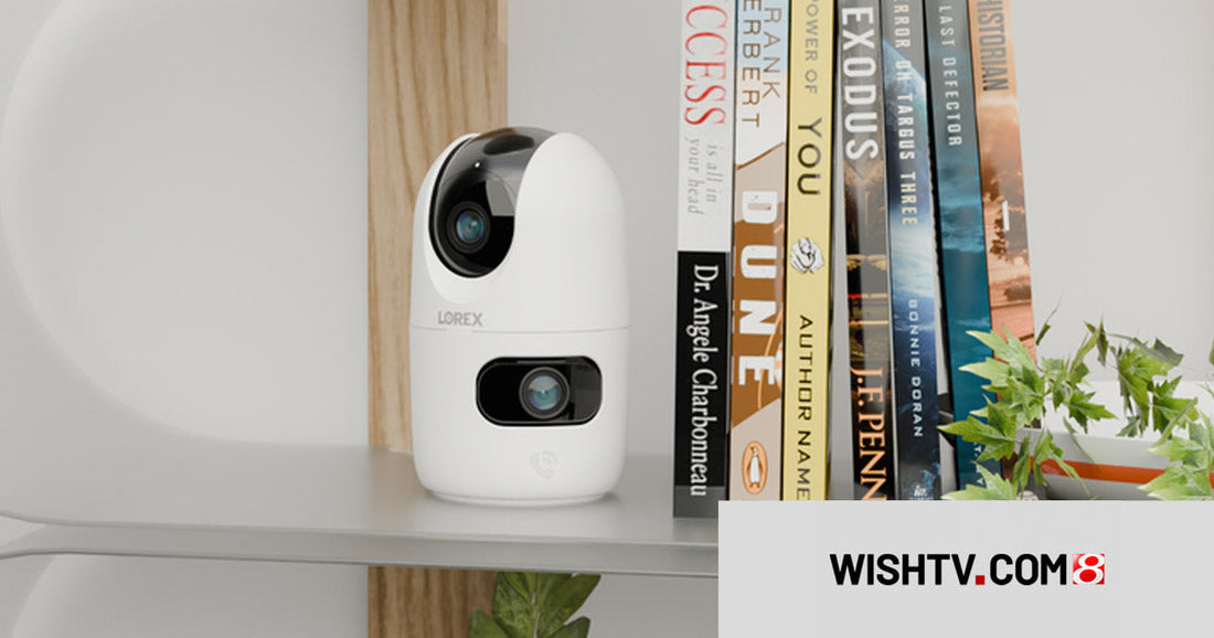 Lorex Connect 2K Dual-Lens Indoor Camera on a shelf beside books and a plant in a dorm room or student apartment, featured in WISH-TV’s back-to-college tech guide.