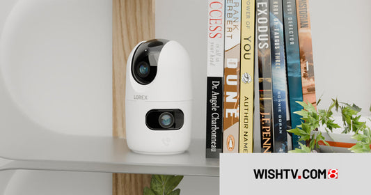 Lorex Connect 2K Dual-Lens Indoor Camera on a shelf beside books and a plant in a dorm room or student apartment, featured in WISH-TV’s back-to-college tech guide.