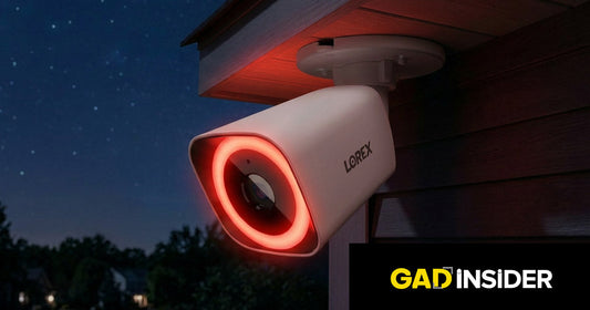 lorex security camera over garage with red smart security lighting