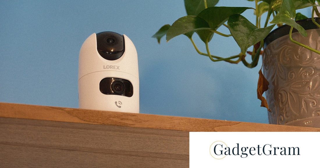 Lorex Connect 2K Dual-Lens Indoor Camera displayed on a shelf beside a potted plant, featured in GadgetGram's review of its smart indoor monitoring capabilities.