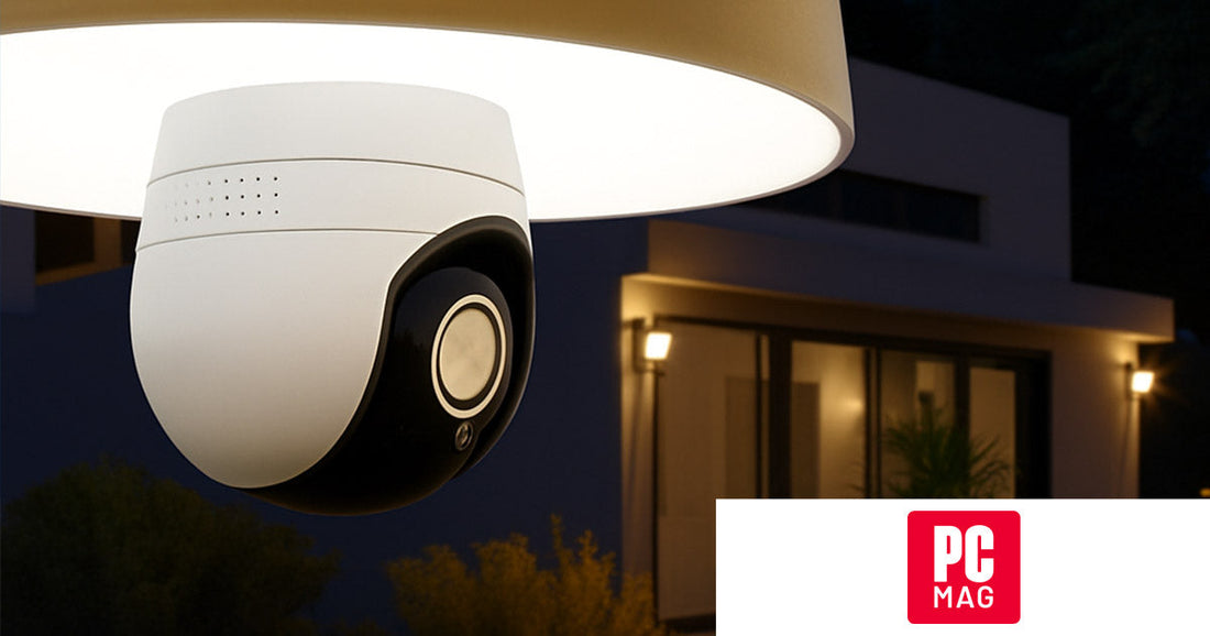 Lorex lightbulb security camera installed on a modern home's exterior, blending in as outdoor lighting. PCMag logo appears in the bottom right corner.