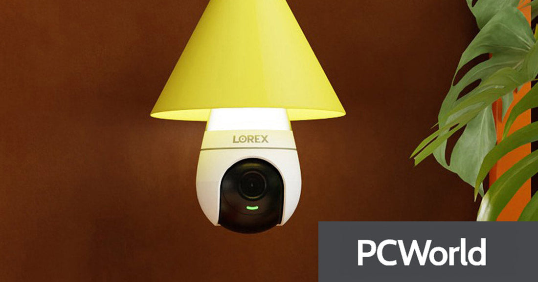 Lorex lightbulb camera with a yellow lampshade, shown in a modern room setup for indoor security and smart home monitoring.