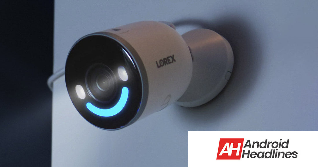 Lorex 4K Spotlight Indoor/Outdoor Wi-Fi 6 Security Camera mounted on a wall with Smart Security Lighting activated, featured in Android Headlines.