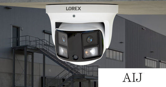 Lorex Connect X3 dual-lens panoramic AI security camera installed outside a commercial building, featured in AI Journal's coverage of AI-powered business security.