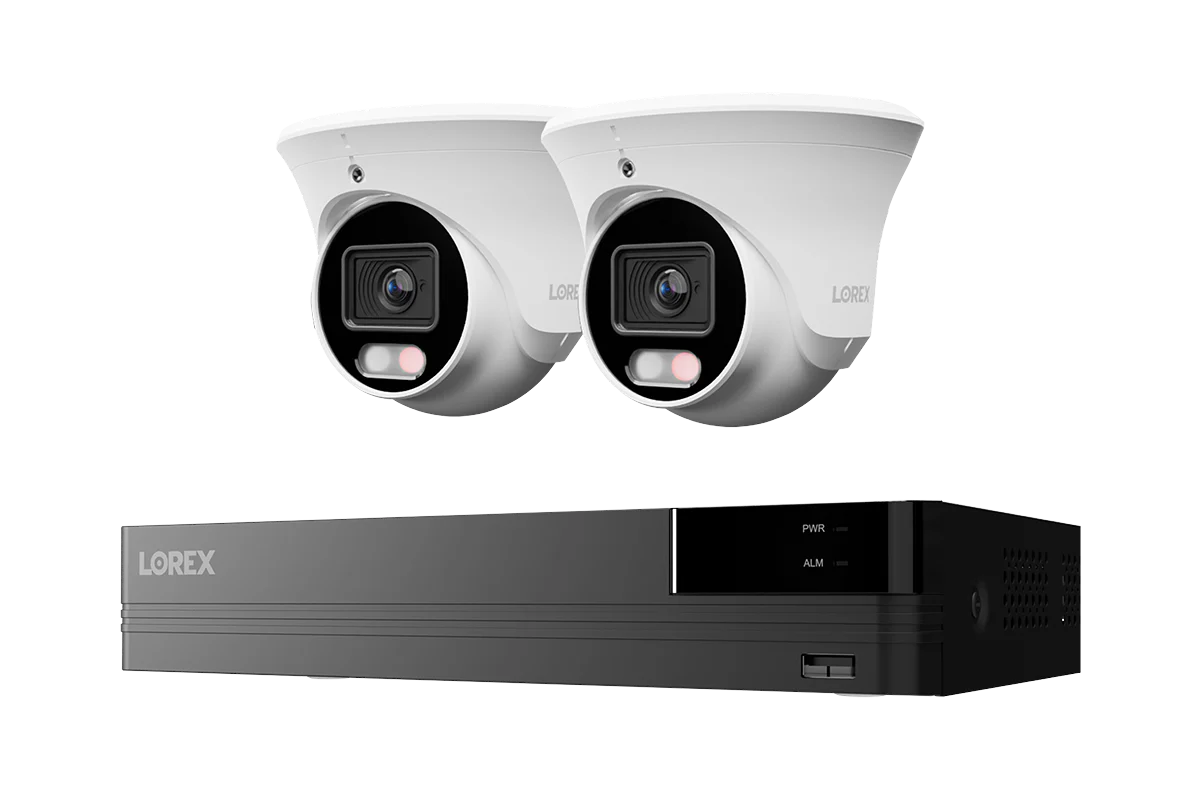 Lorex wired IP security camera system with two turret cameras and NVR recorder for reliable property surveillance