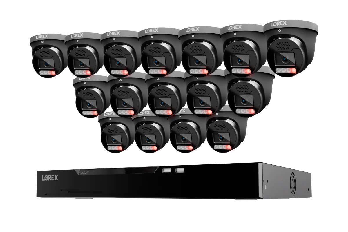 Lorex business security camera system with multiple black dome cameras and NVR recorder for commercial surveillance