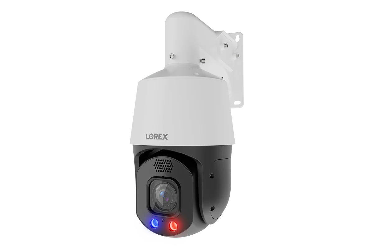 Lorex PTZ security camera with wall mount, pan-tilt-zoom lens and red and blue deterrence lights for wide-area monitoring