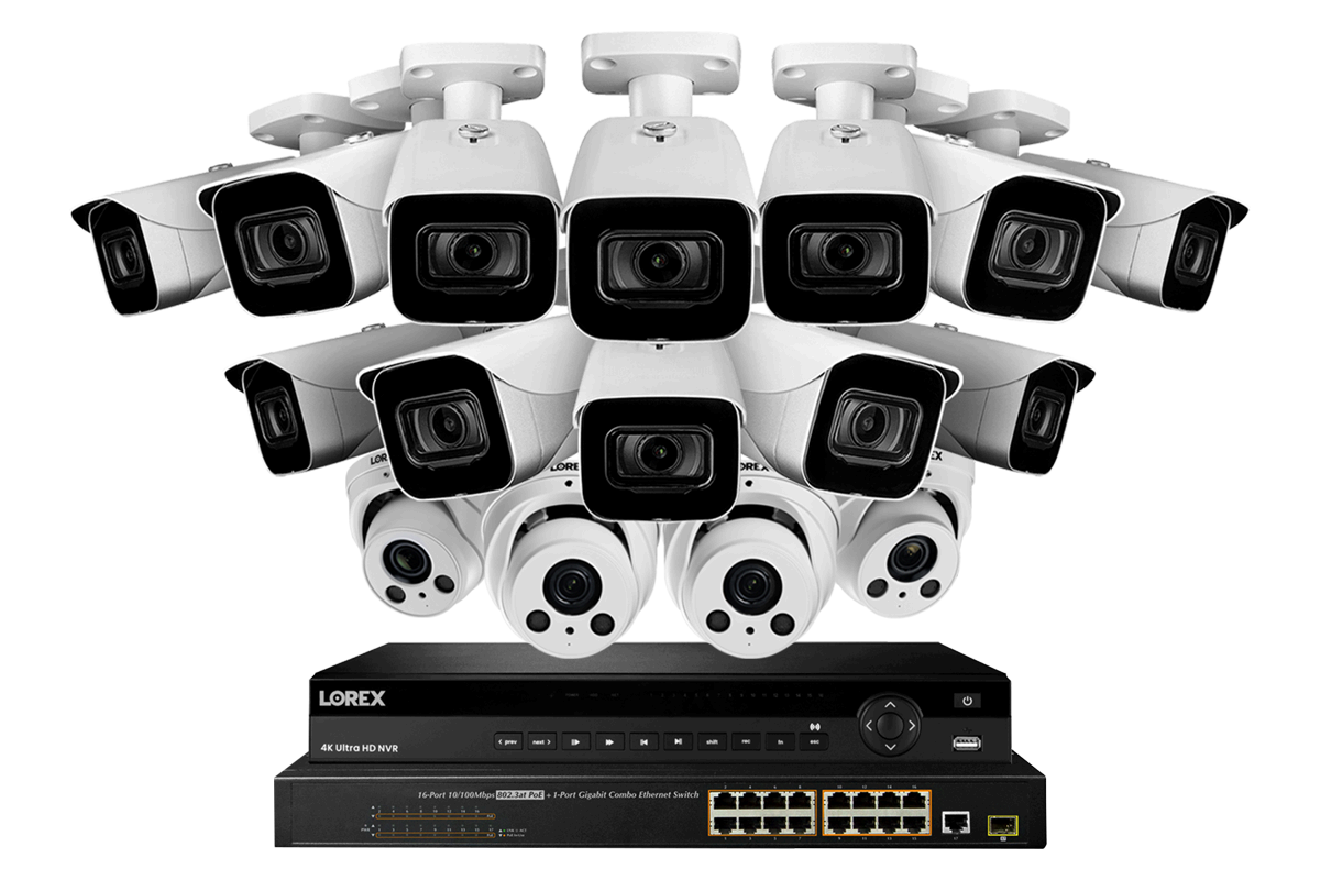32 Channel IP Security Camera System with 12 4K Ultra HD Smart IP Bullet and 4 4K Motorized Varifocal Audio Dome Security Cameras.