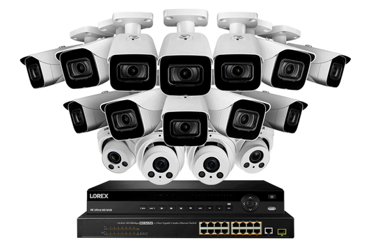 32 Channel IP Security Camera System with 12 4K Ultra HD Smart IP Bullet and 4 4K Motorized Varifocal Audio Dome Security Cameras.