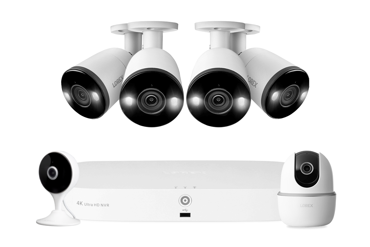 Lorex Fusion 4K 16 Camera Capable (8 Wired + 8 Wi-Fi) 2TB NVR System with 4 Smart Deterrence Bullet Cameras, One 2K Pan-Tilt Cmaera, and One 2K Indoor Wi-Fi Camera