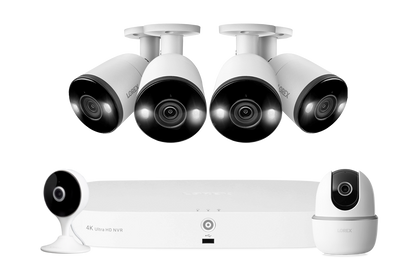 Lorex Fusion 4K 16 Camera Capable (8 Wired + 8 Wi-Fi) 2TB NVR System with 4 Smart Deterrence Bullet Cameras, One 2K Pan-Tilt Cmaera, and One 2K Indoor Wi-Fi Camera