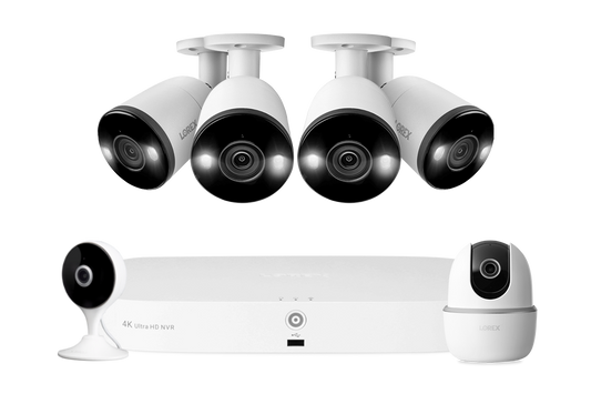 Lorex Fusion 4K 16 Camera Capable (8 Wired + 8 Wi-Fi) 2TB NVR System with 4 Smart Deterrence Bullet Cameras, One 2K Pan-Tilt Cmaera, and One 2K Indoor Wi-Fi Camera