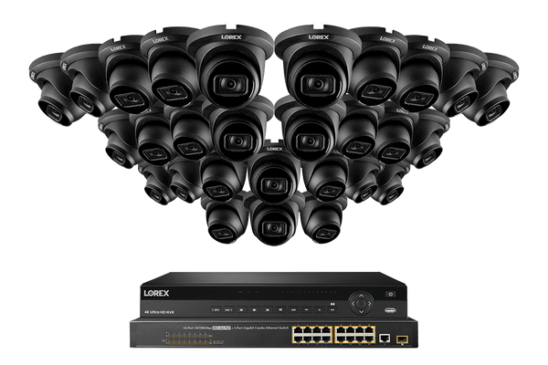 Lorex 4K (32 Camera Capable) 8TB Wired NVR System with Nocturnal 3 28 Black Smart IP Dome Cameras Featuring Listen-In Audio and 30FPS Recording
