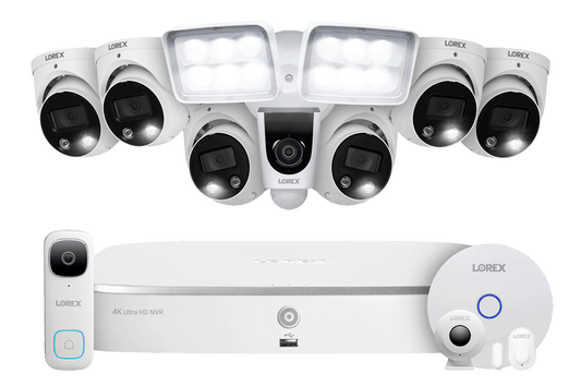 Lorex Fusion 4K 16 Camera Capable (8 Wired + 8 Wi-Fi) 2TB NVR System with 6 Smart Deterrence Dome Cameras, 2K Wired Doorbell, Sensor Kit and 1080P Floodlight