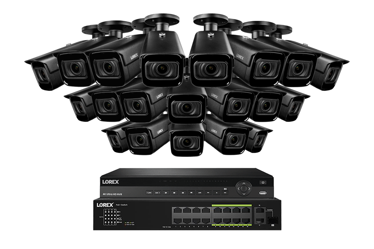Lorex 4K (32 Camera Capable) Wired NVR System with Nocturnal 3 20 Black Smart IP Bullet Cameras Featuring Motorized Varifocal Lens and 30FPS Recording
