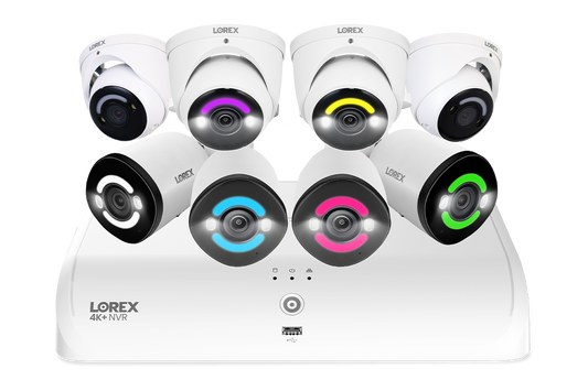 Lorex 4K+ Fusion Wired NVR System with 4 Bullet and 4 Dome IP Cameras Featuring 12MP Ultra HD and Smart Security Lighting