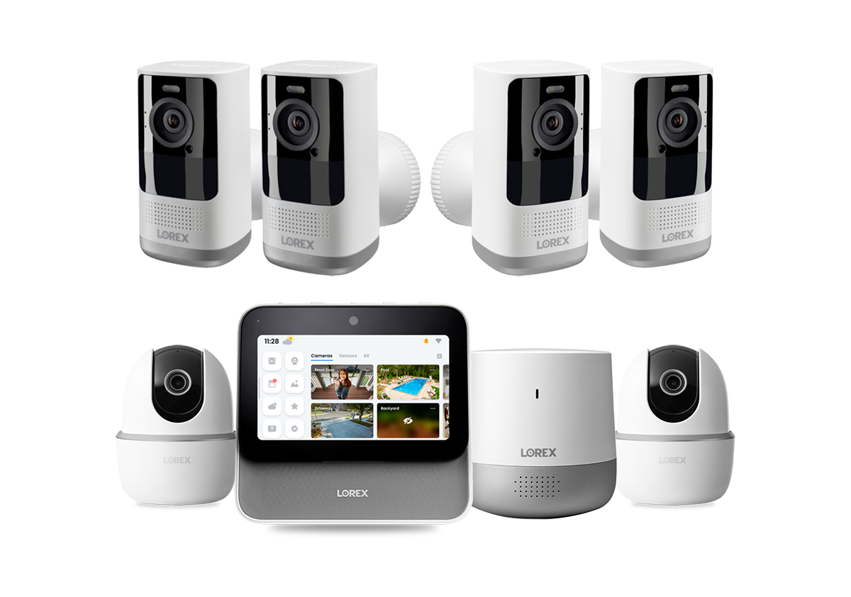 Lorex Smart Home Security Center with 2K Wire-Free Cameras, Two 2K Pan-Tilt Indoor Wi-Fi Security Cameras and Range Extender