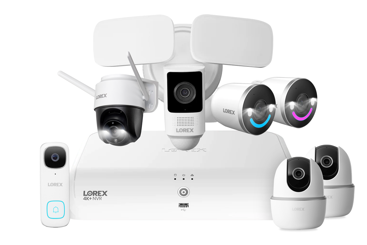 Lorex Wireless Fusion - 4K+ NVR with 2K Wired Doorbell, Outdoor Pan-Tilt Camera, Wi-Fi Floodlight Camera, Two 4K Wi-Fi 6 Outdoor Cameras and Two Indoor Pan-Tilt Cameras