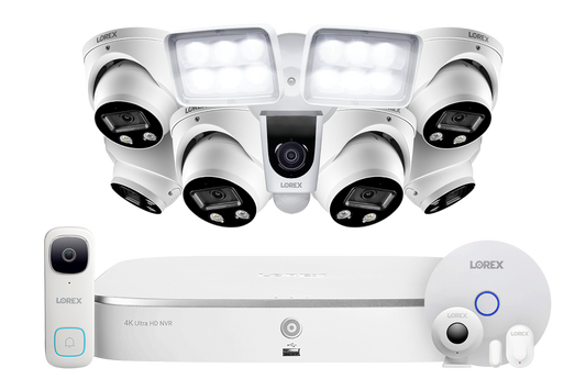 8-Channel NVR Fusion System with Six 4K Smart Deterrence IP Dome Security Cameras, 2K Wi-Fi Video Doorbell, Wi-Fi Floodlight Camera and Smart Sensor Starter Kit
