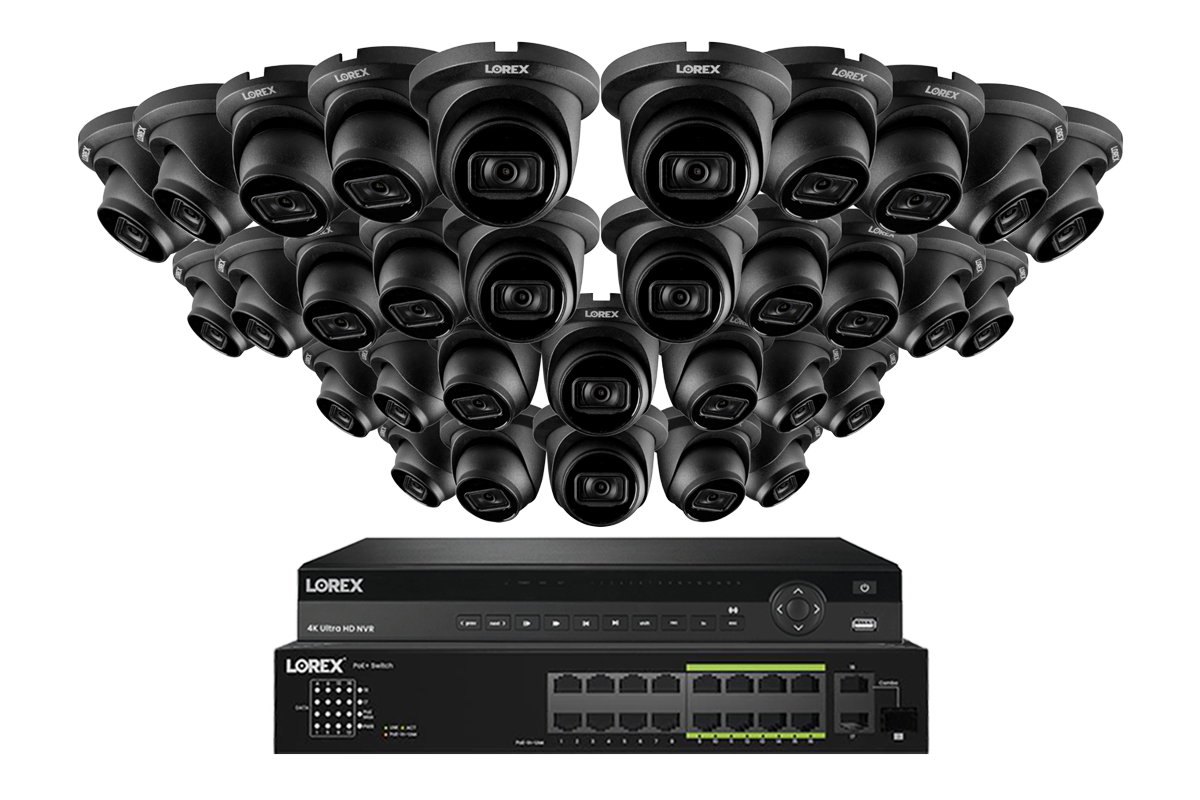 Lorex 4K (32 Camera Capable) Wired NVR System with Nocturnal 3 32 Black Smart IP Dome Cameras Featuring Listen-In Audio and 30FPS Recording