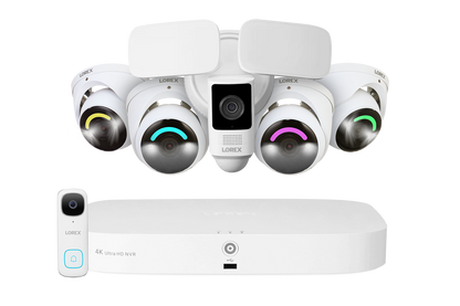 Lorex Fusion 4K 16 Camera Capable (8 Wired + 8 Wi-Fi) 2TB NVR System with 4 Smart Security Lighting Dome Cameras, One 2K Wired Doorbell, and One 2K Floodlight