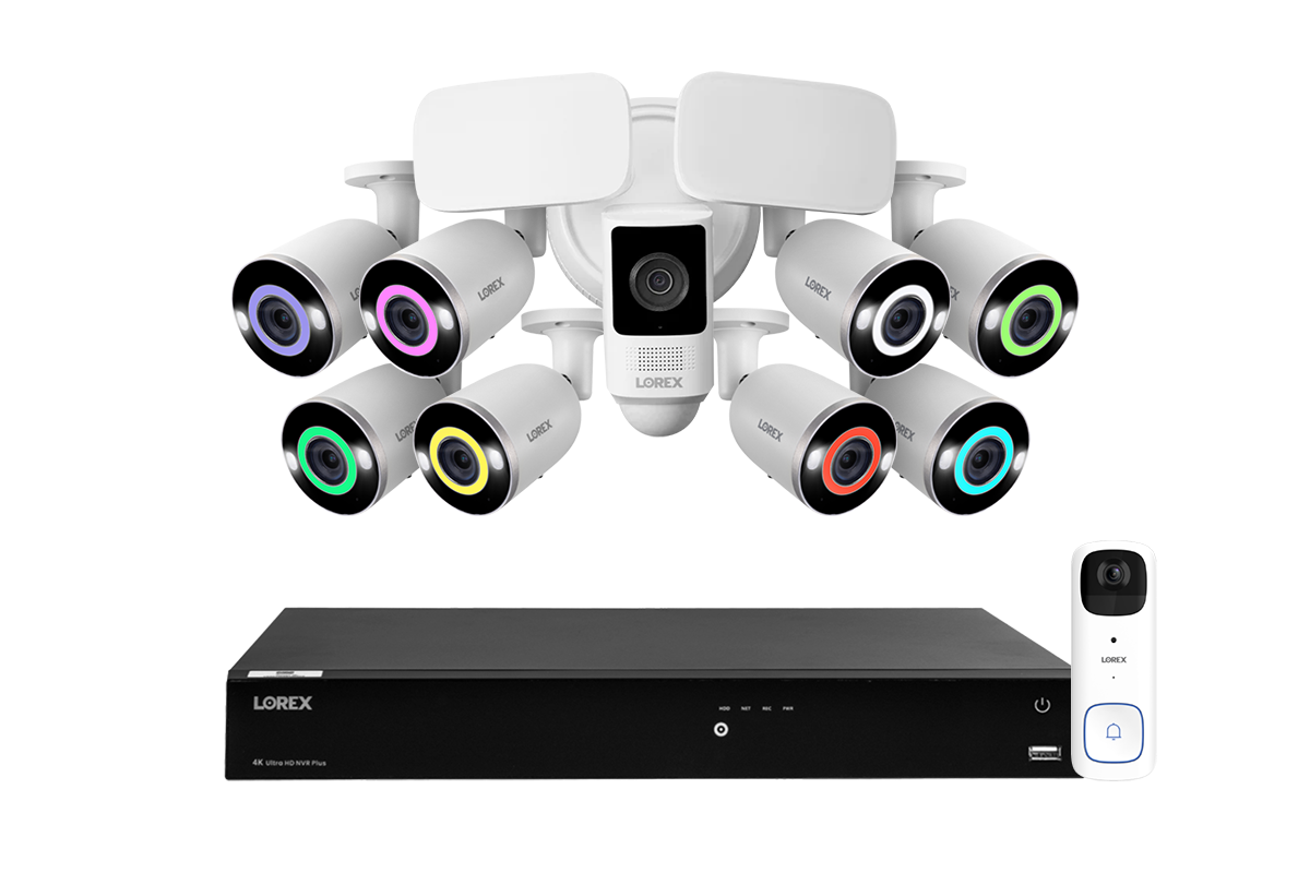 Lorex Fusion 4K (16 Camera Capable) 4TB Wired NVR System with 8 Smart Security Lighting IP Bullet Cameras, One 2K Battery-Operated Doorbell, and One 2K Outdoor Floodlight
