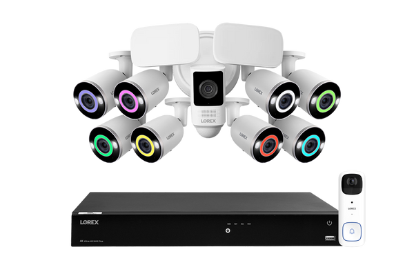 Lorex Fusion 4K (16 Camera Capable) 4TB Wired NVR System with 8 Smart Security Lighting IP Bullet Cameras, One 2K Battery-Operated Doorbell, and One 2K Outdoor Floodlight