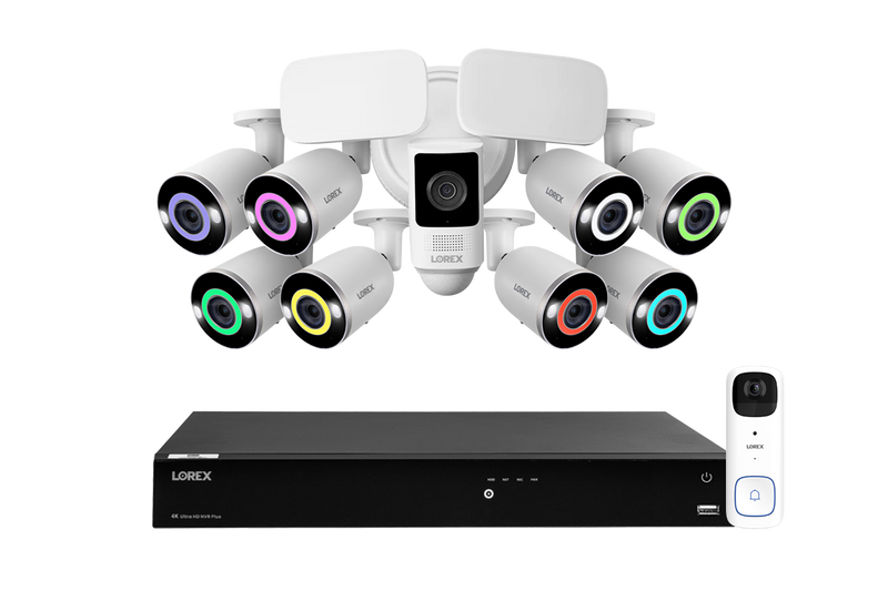 Lorex Fusion 4K (16 Camera Capable) 4TB Wired NVR System with 8 Smart Security Lighting IP Bullet Cameras, One 2K Battery-Operated Doorbell, and One 2K Outdoor Floodlight