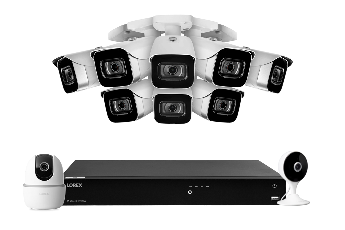 Lorex Fusion 4K (16 Camera Capable) 4TB Wired NVR System with 8 White IP Bullet Cameras, One 2K Pan-Tilt Indoor Wi-Fi Camera and One 2K Indoor Wi-Fi Camera