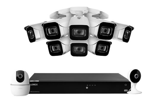 Lorex Fusion 4K (16 Camera Capable) 4TB Wired NVR System with 8 White IP Bullet Cameras, One 2K Pan-Tilt Indoor Wi-Fi Camera and One 2K Indoor Wi-Fi Camera