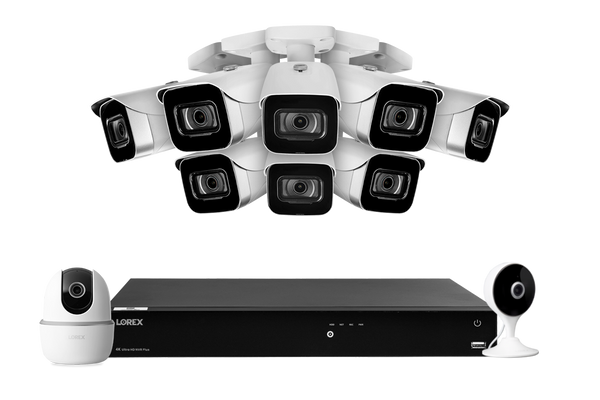 Lorex Fusion 4K (16 Camera Capable) 4TB Wired NVR System with 8 White IP Bullet Cameras, One 2K Pan-Tilt Indoor Wi-Fi Camera and One 2K Indoor Wi-Fi Camera