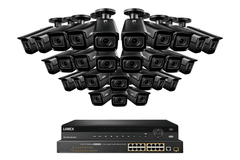 Lorex 4K (32 Camera Capable) 8TB Wired NVR System with Nocturnal 3 28 Black Smart IP Bullet Cameras Featuring Motorized Varifocal Lens and 30FPS Recording