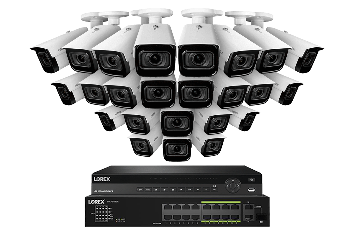 Lorex 4K (32 Camera Capable) Wired NVR System with Nocturnal 3 24 White Smart IP Bullet Cameras Featuring Motorized Varifocal Lens and 30FPS Recording