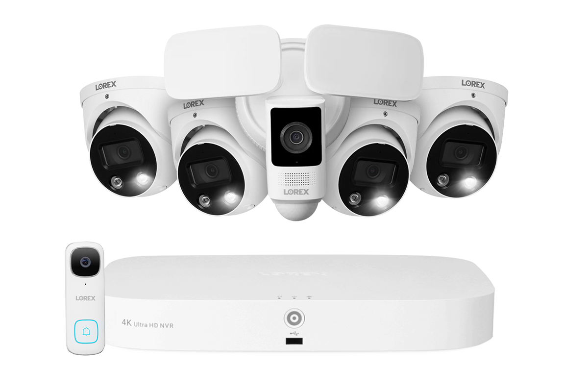 Lorex Fusion 4K 16 Camera Capable (8 Wired + 8 Wi-Fi) 2TB NVR System with 4 Smart Deterrence Dome Cameras, One 2K Wired Doorbell, and One 2K Floodlight