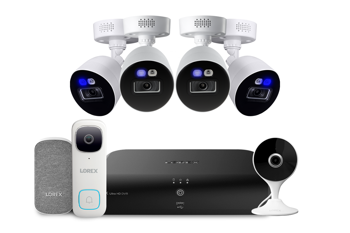 Lorex Fusion 4K 12-Camera Capable (8 Wired + 4 Fusion Wi-Fi)  2TB Wired DVR System with 4 Smart Deterrence Cameras, 2K Indoor Wi-Fi Camera, 2K Wired Video Doorbell and Wi-Fi Chimebox