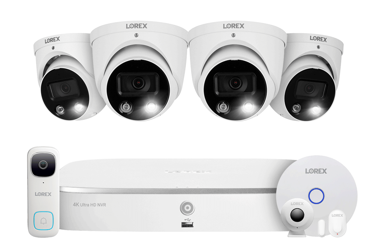 Lorex Fusion 4K 16 Camera Capable (8 Wired + 8 Wi-Fi) 2TB NVR System with 4 Smart Deterrence Dome Cameras, 2K Wired Doorbell and Sensor Kit
