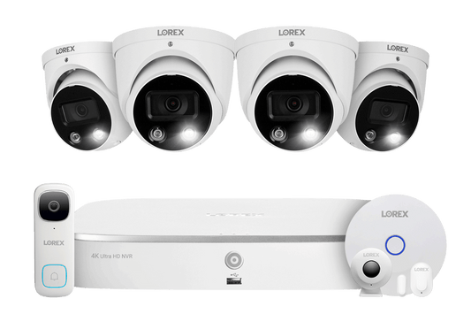 Lorex Fusion 4K 16 Camera Capable (8 Wired + 8 Wi-Fi) 2TB NVR System with 4 Smart Deterrence Dome Cameras, 2K Wired Doorbell and Sensor Kit