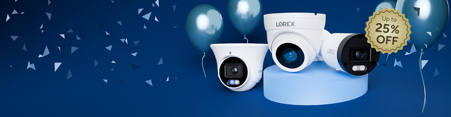 Lorex Connect IP cameras displayed with balloons on a blue Anniversary Sale banner with up to 25% off promotion