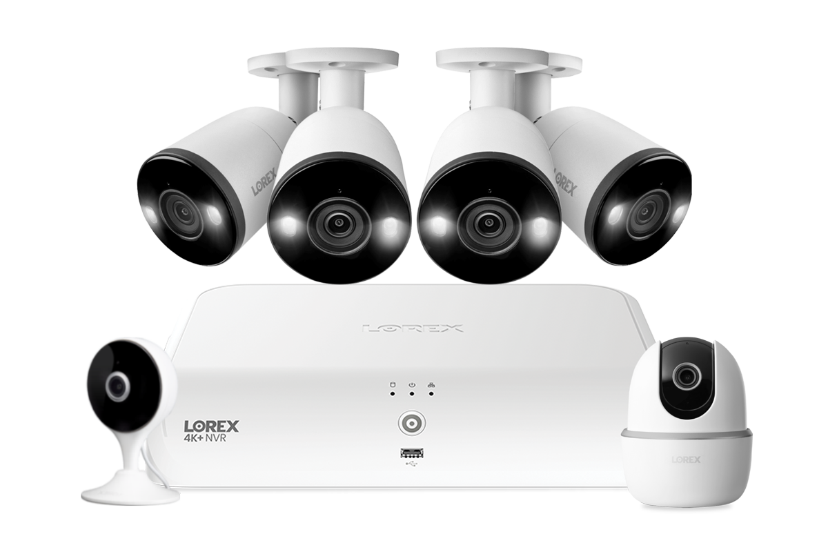 Lorex Fusion 4K 16 Camera Capable (8 Wired + 8 Fusion Wi-Fi) 2TB NVR System with Four H13 IP Bullet Cameras, One 2K Pan-Tilt Cmaera, and One 2K Indoor Wi-Fi Camera