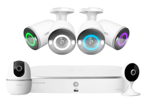 Lorex Fusion 4K 16 Camera Capable (8 Wired + 8 Wi-Fi) 2TB NVR System with 4 Smart Security Lighting Bullet Cameras, One 2K Pan-Tilt Camera and One 2K Indoor Wi-Fi Camera